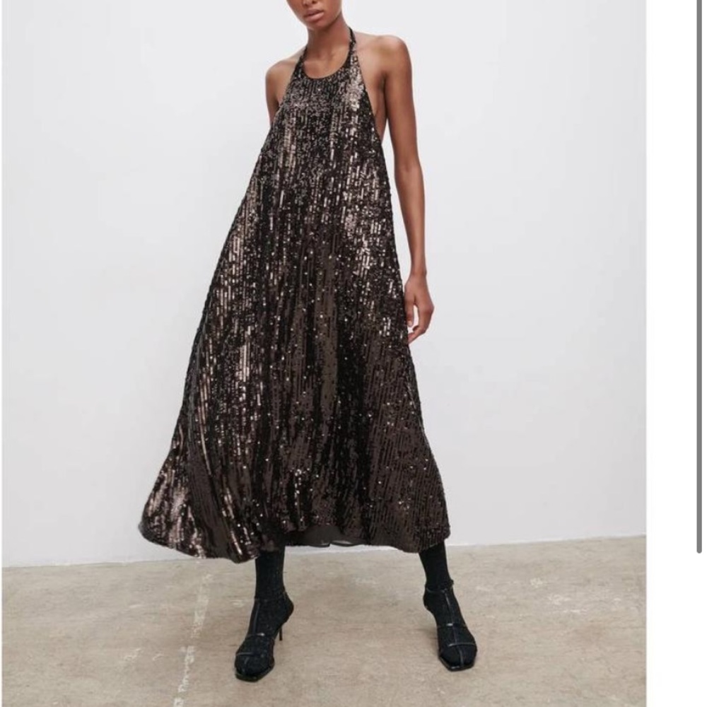 Zara brown sequin halter dress size XS NWT